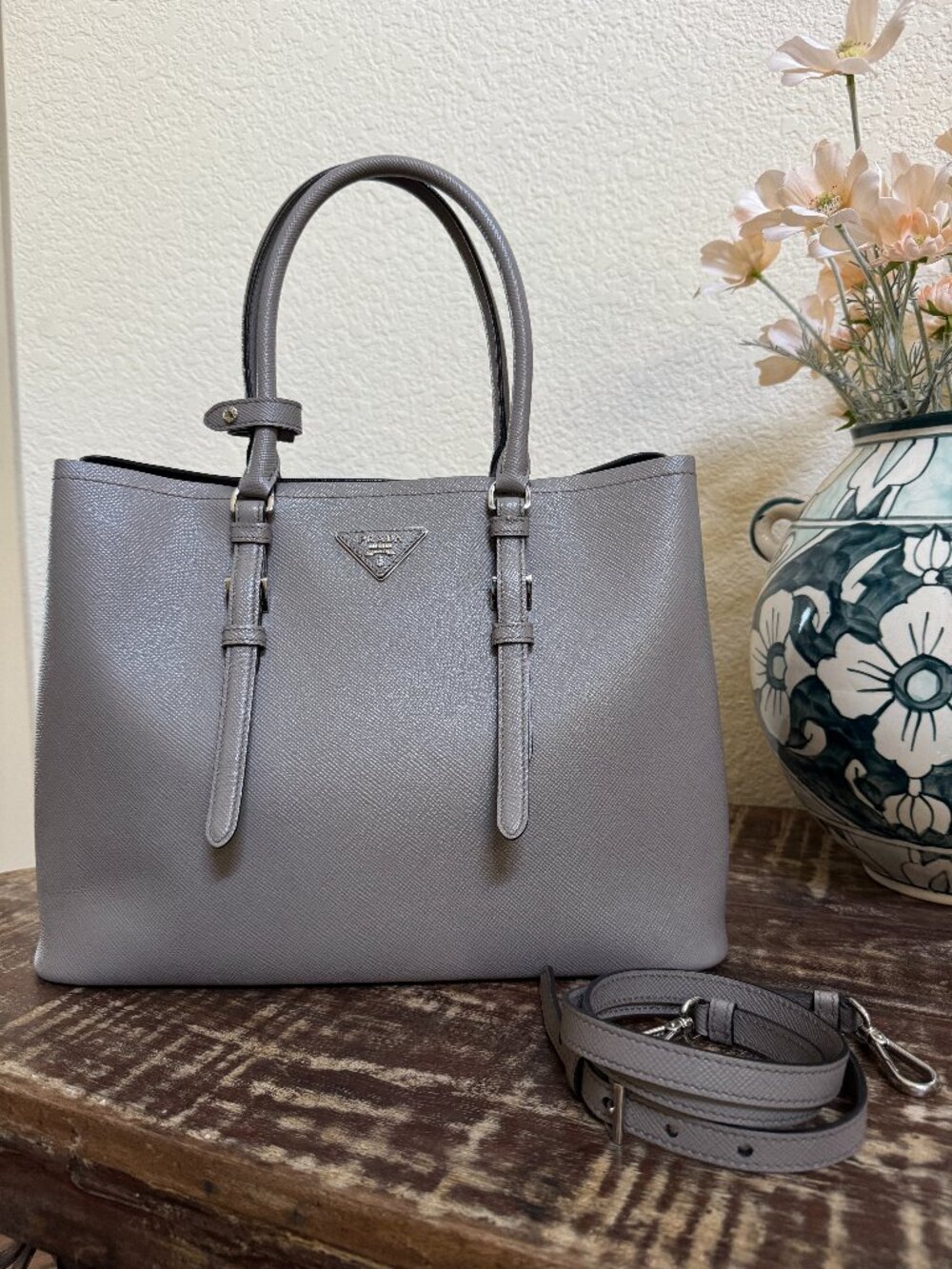 Prada Saffiano Cuir Double Bag Gray Leather Tote w/ Strap